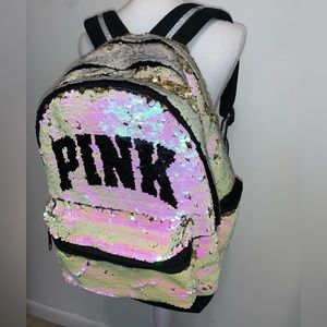 Victoria’s Secret PINK Iridescent & Gold Sequin Backpack Bling Rhinestone